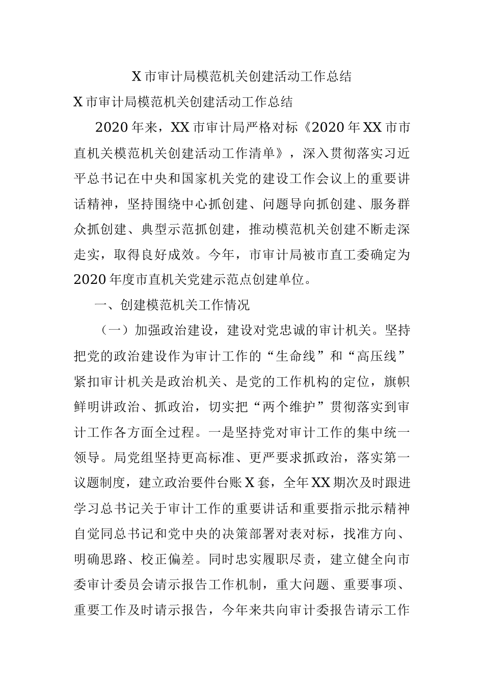 X市审计局模范机关创建活动工作总结.docx_第1页