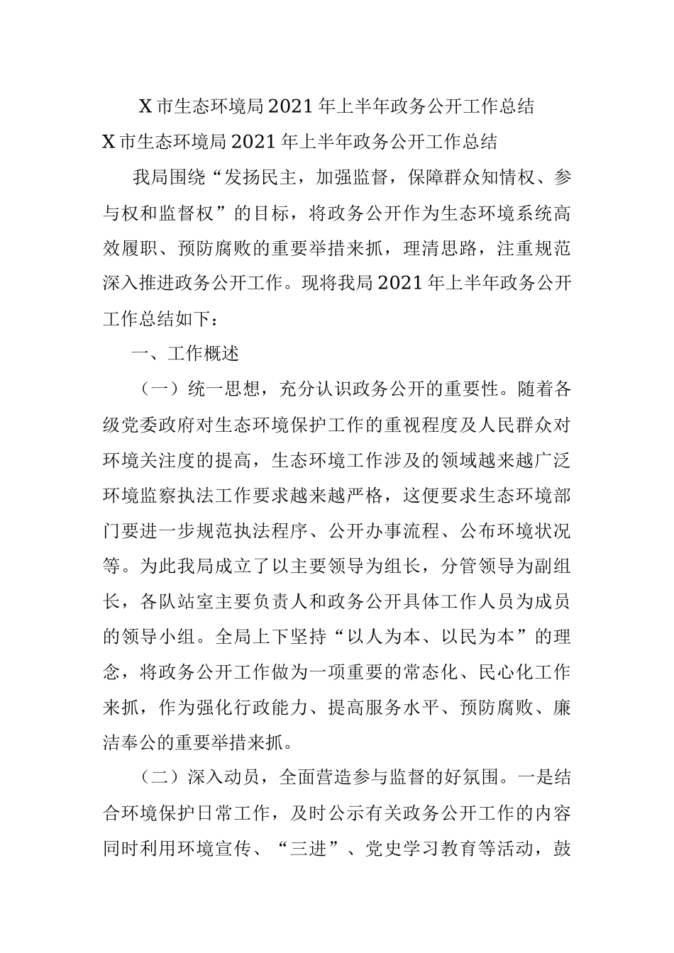 X市生态环境局2021年上半年政务公开工作总结.docx_第1页