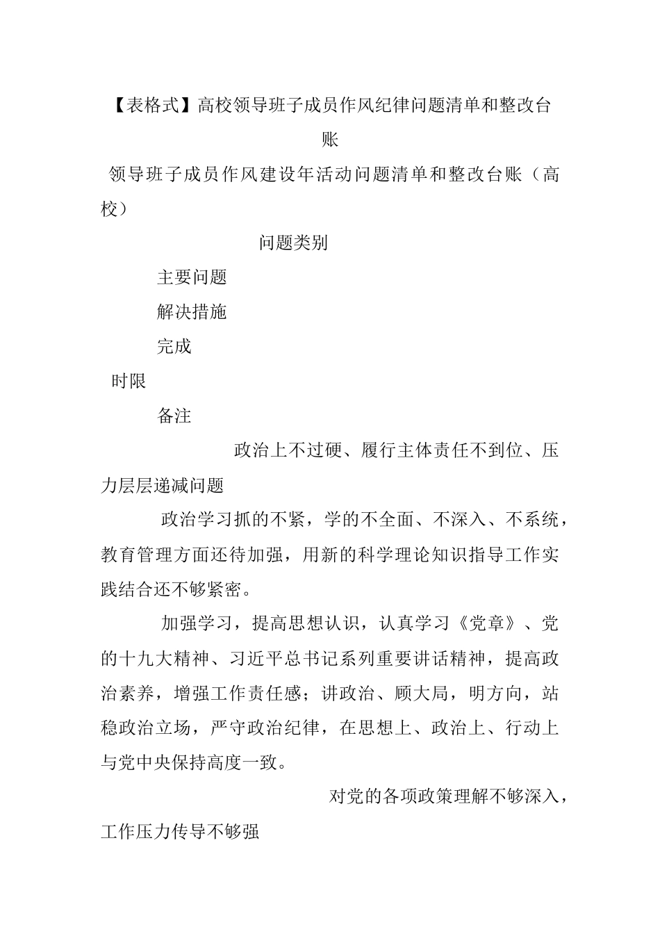 【表格式】高校领导班子成员作风纪律问题清单和整改台账.docx_第1页