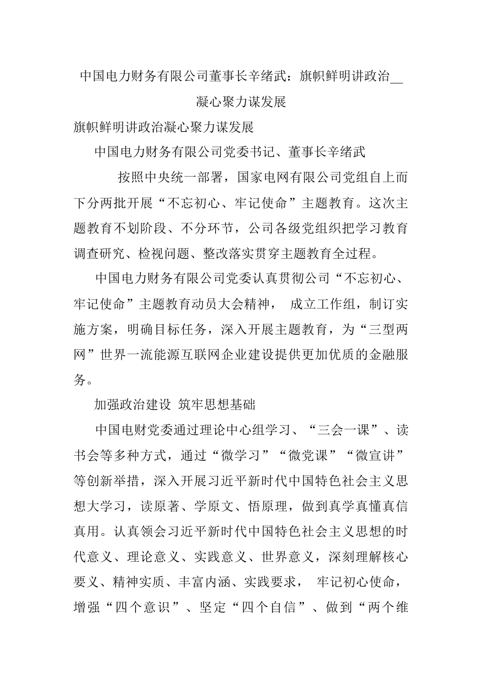 中国电力财务有限公司董事长辛绪武：旗帜鲜明讲政治__凝心聚力谋发展.docx_第1页