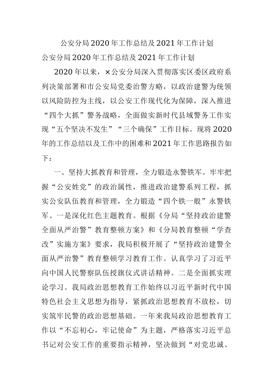 公安分局2020年工作总结及2021年工作计划.docx_第1页