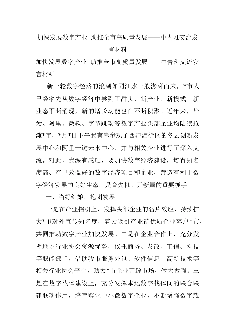 加快发展数字产业 助推全市高质量发展——中青班交流发言材料.docx_第1页
