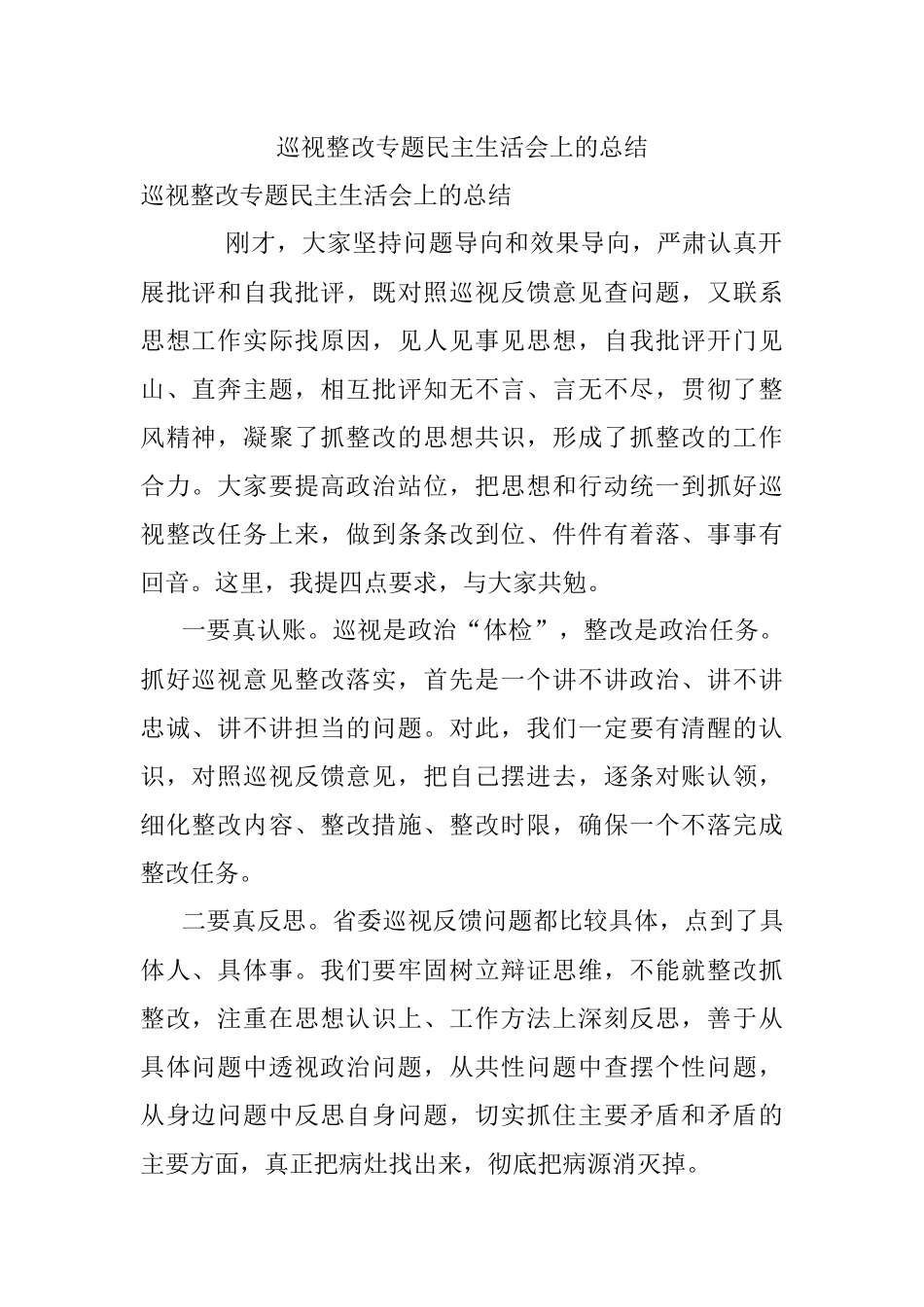 巡视整改专题民主生活会上的总结.docx_第1页