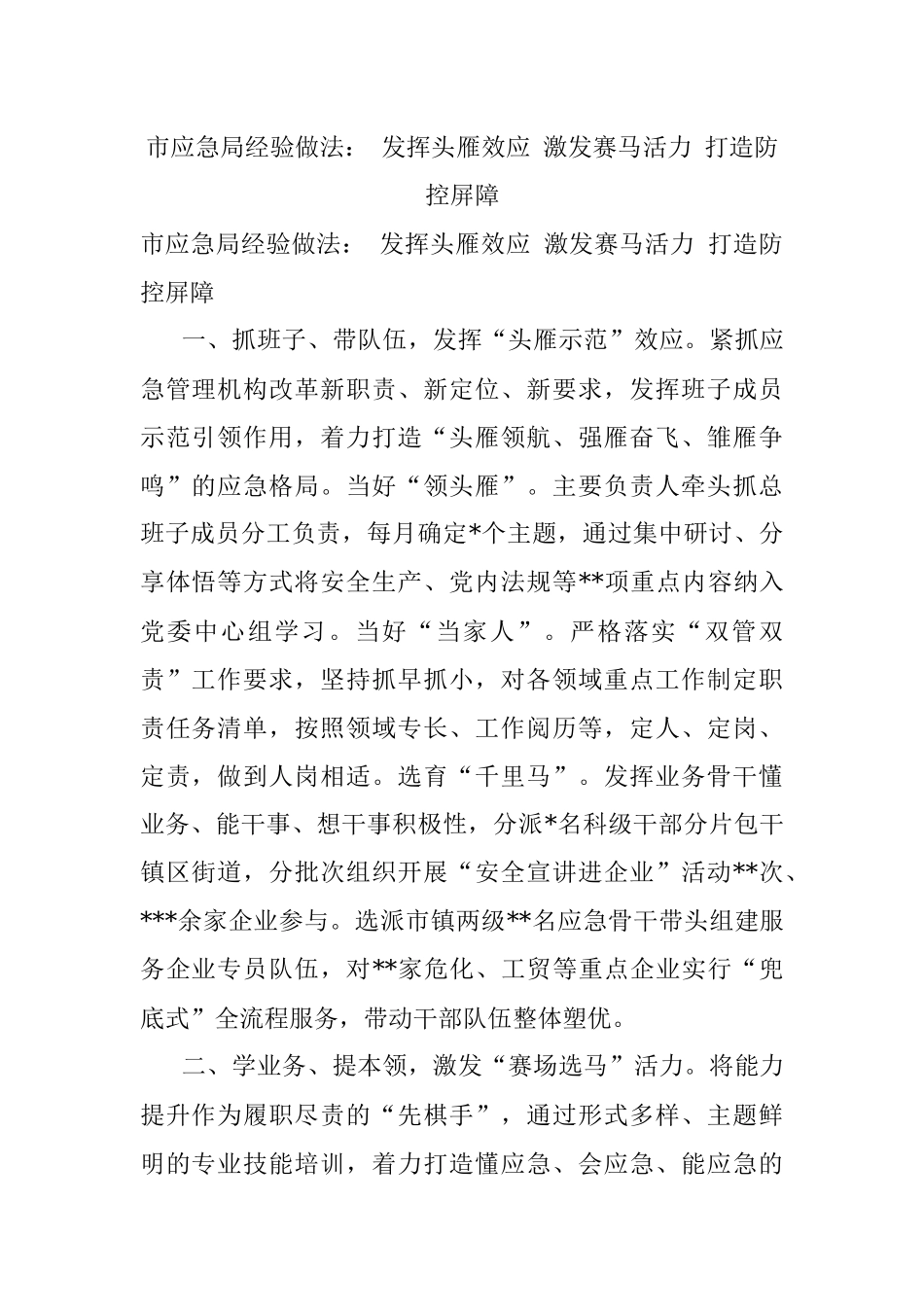 市应急局经验做法： 发挥头雁效应 激发赛马活力 打造防控屏障.docx_第1页