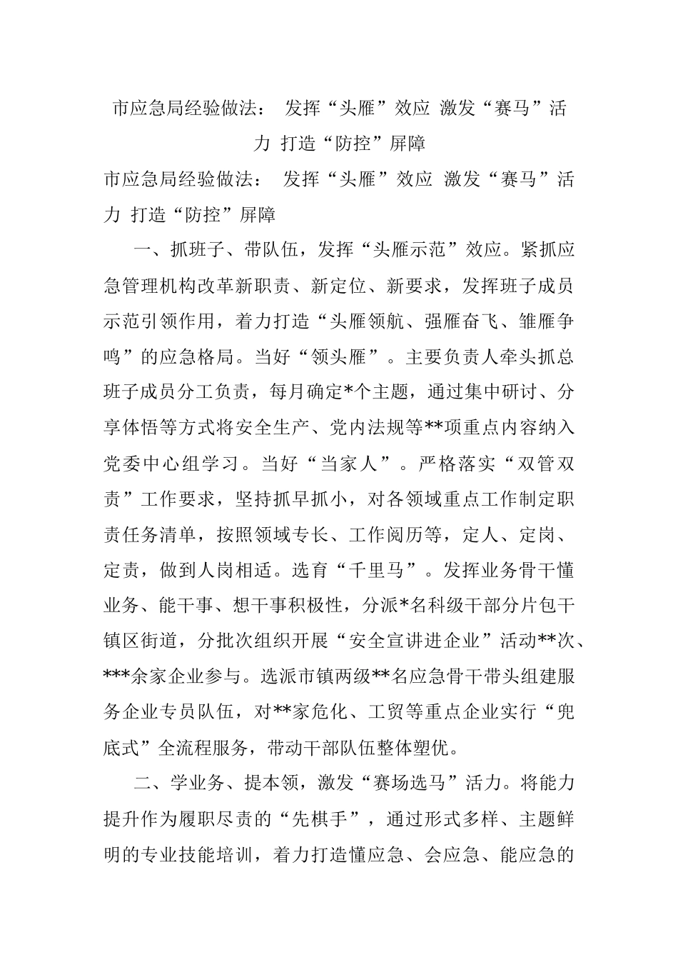 市应急局经验做法： 发挥“头雁”效应 激发“赛马”活力 打造“防控”屏障.docx_第1页