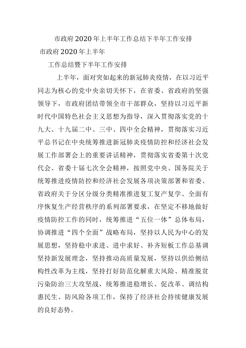 市政府2020年上半年工作总结下半年工作安排.docx_第1页