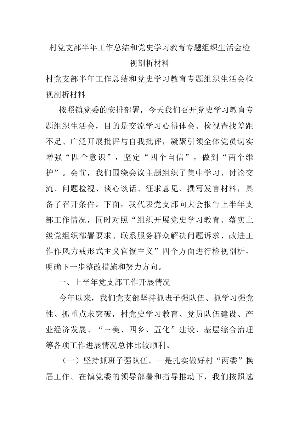 村党支部半年工作总结和党史学习教育专题组织生活会检视剖析材料.docx_第1页