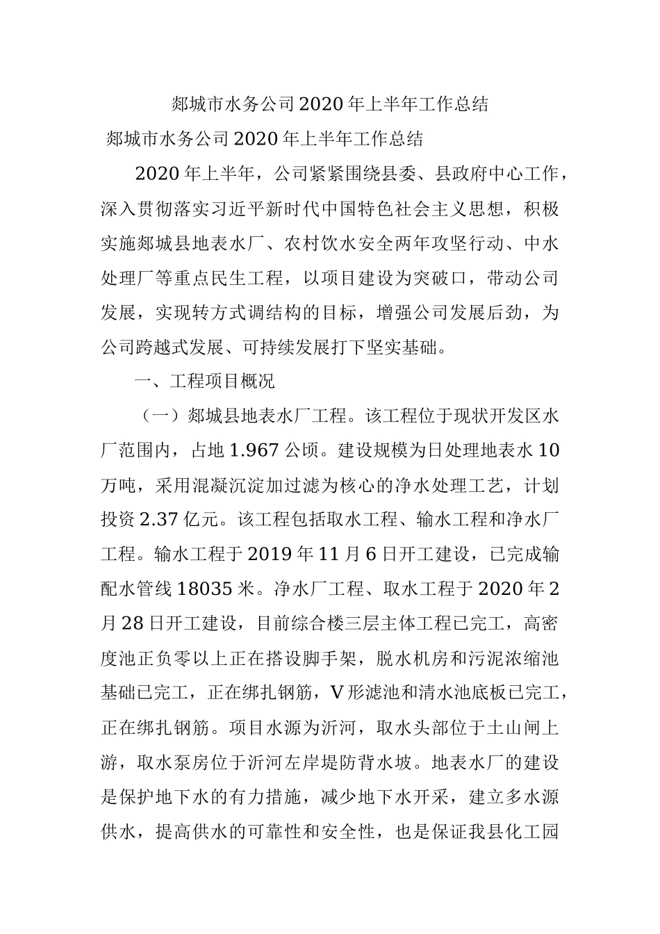 郯城市水务公司2020年上半年工作总结.docx_第1页