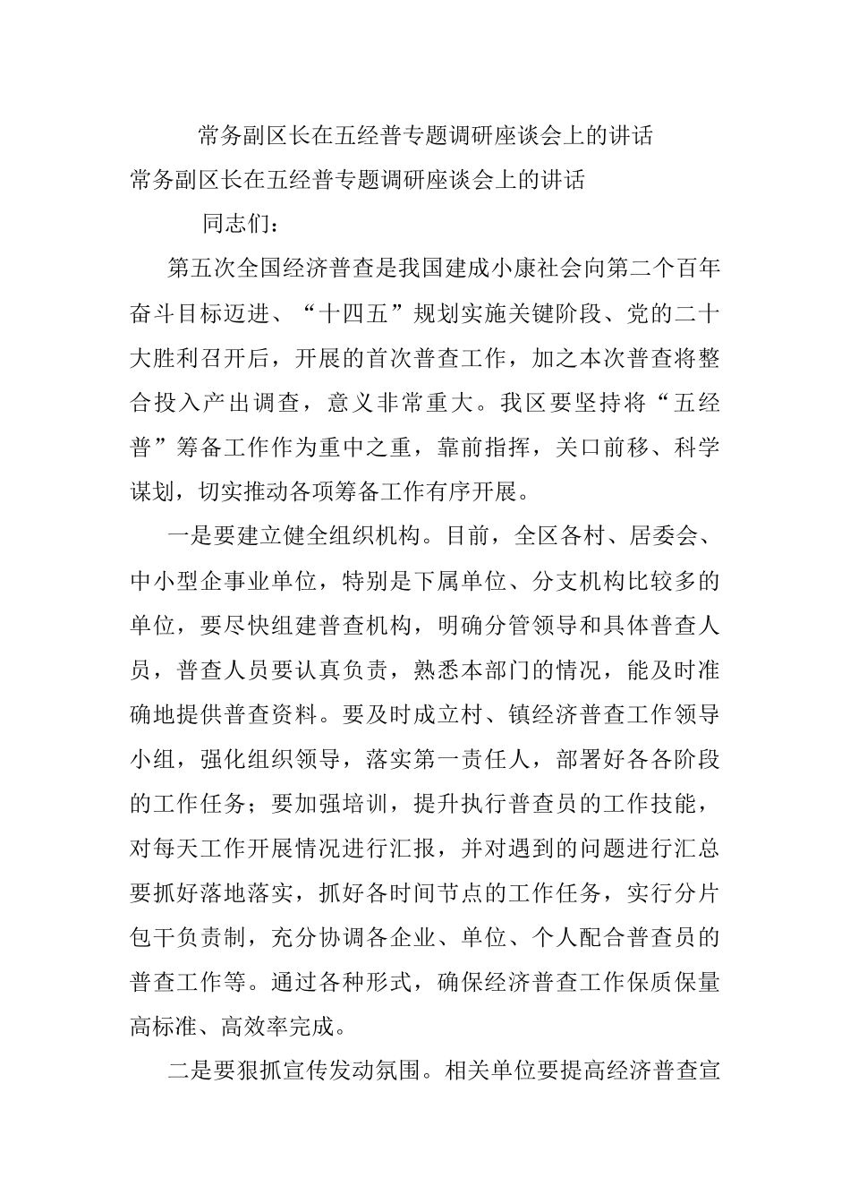 常务副区长在五经普专题调研座谈会上的讲话.docx_第1页
