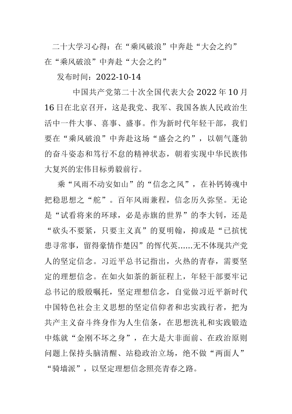 二十大学习心得：在“乘风破浪”中奔赴“大会之约”.docx_第1页