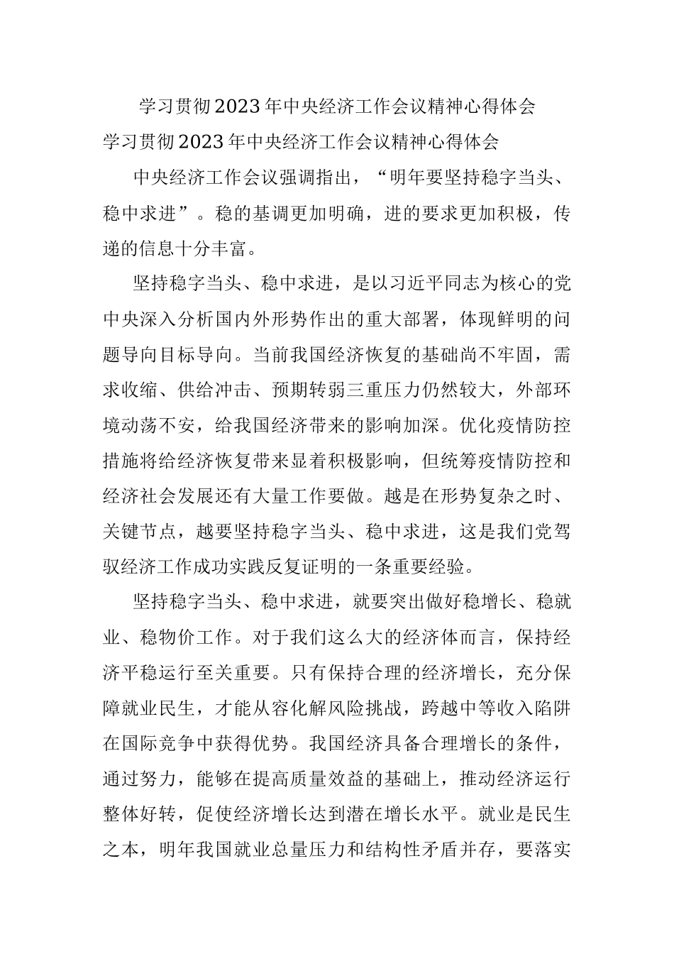 学习贯彻2023年中央经济工作会议精神心得体会.docx_第1页