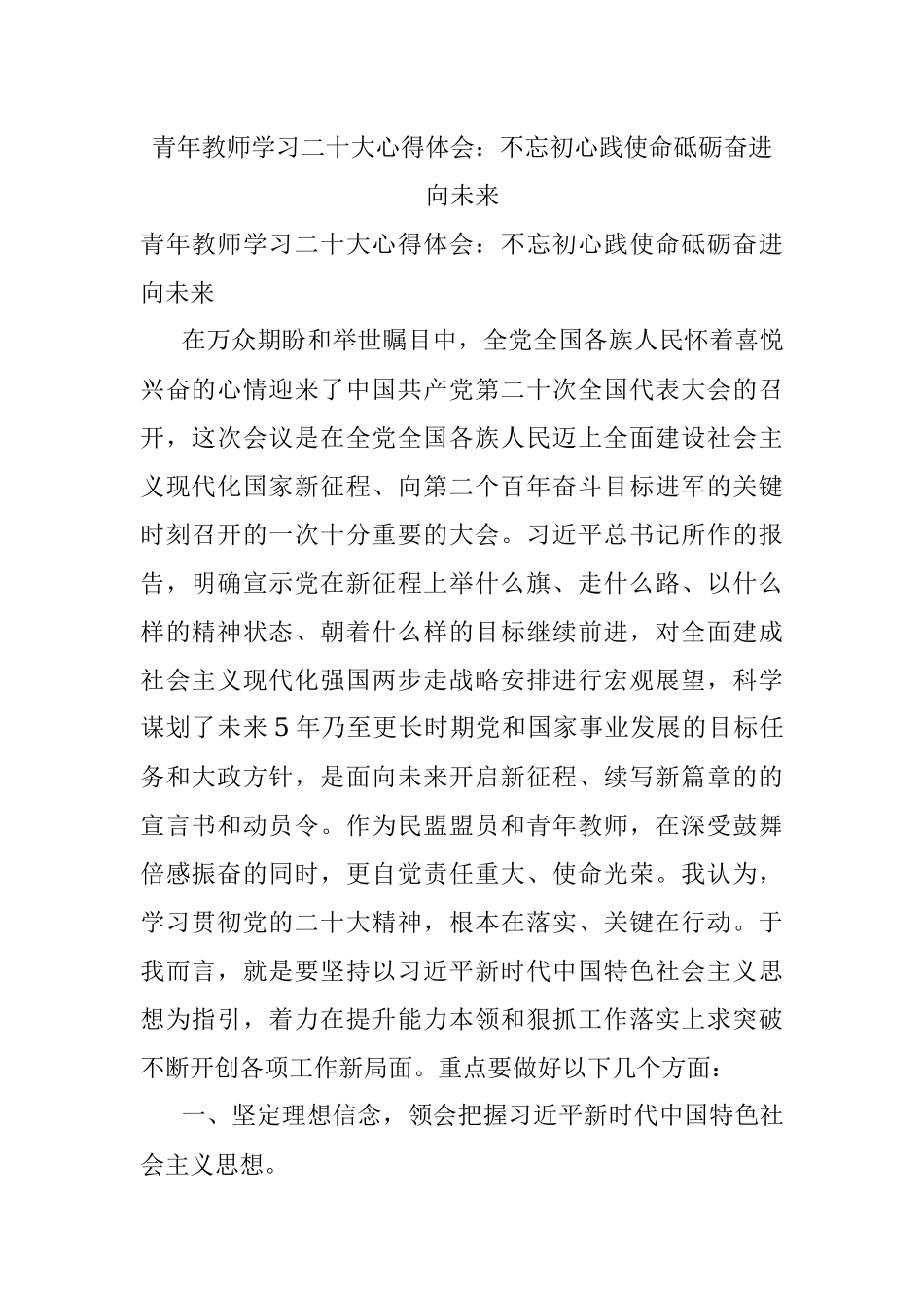 青年教师学习二十大心得体会：不忘初心践使命砥砺奋进向未来.docx_第1页
