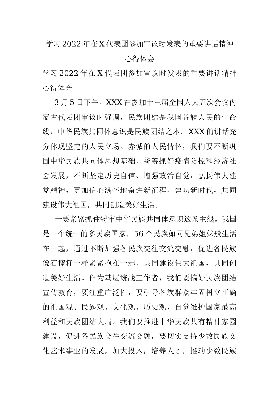 学习2022年在X代表团参加审议时发表的重要讲话精神心得体会.docx_第1页