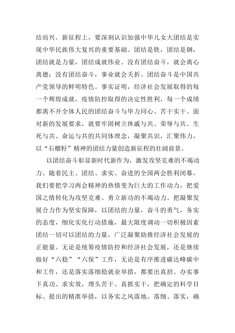 学习贯彻两会精神心得感悟：以团结奋斗书写宏伟蓝图新精彩.docx_第2页