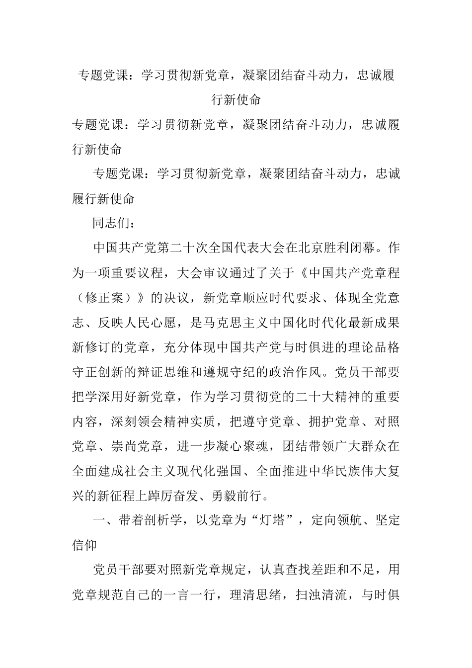 专题党课：学习贯彻新党章凝聚团结奋斗动力忠诚履行新使命.docx_第1页