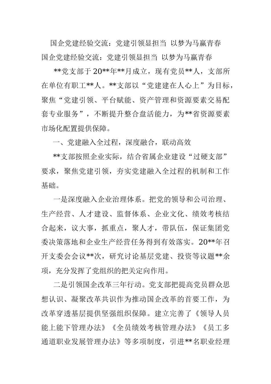 国企党建经验交流：党建引领显担当 以梦为马赢青春.docx_第1页