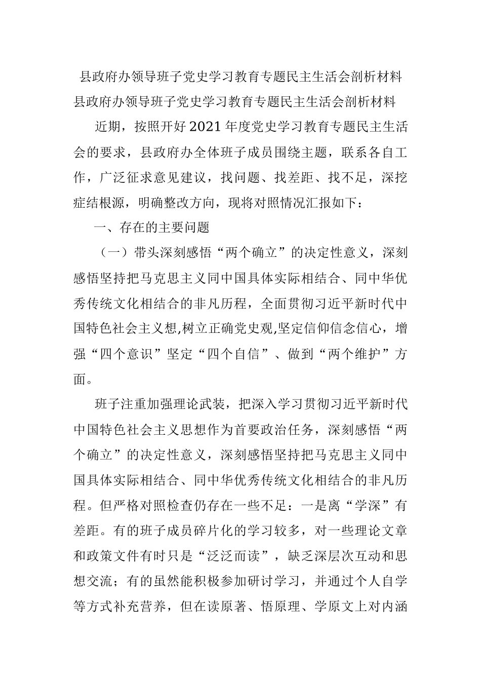 县政府办领导班子党史学习教育专题民主生活会剖析材料.docx_第1页