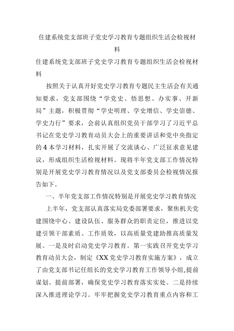 住建系统党支部班子党史学习教育专题组织生活会检视材料.docx_第1页