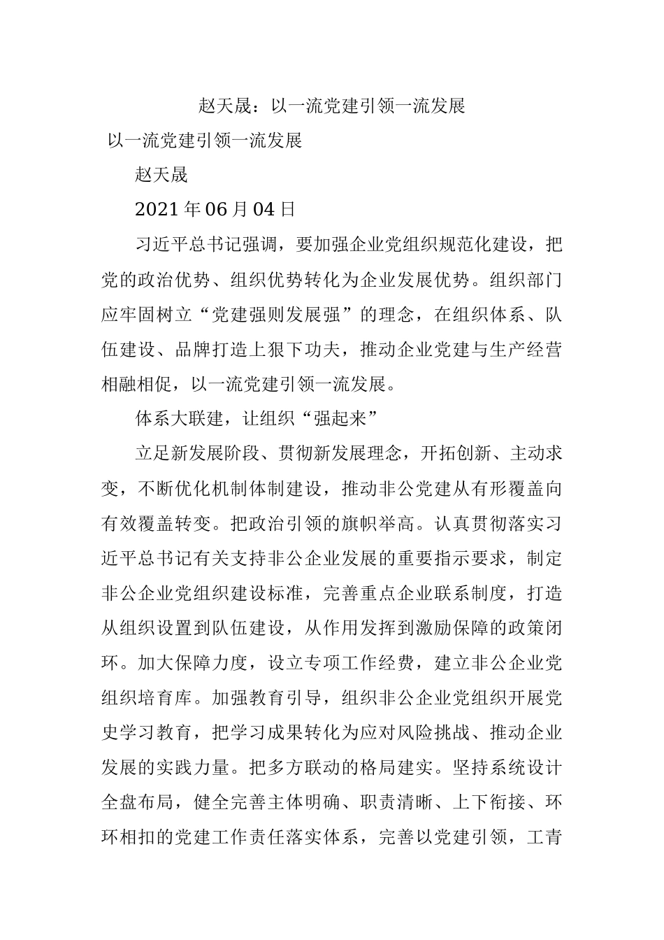 赵天晟：以一流党建引领一流发展.docx_第1页