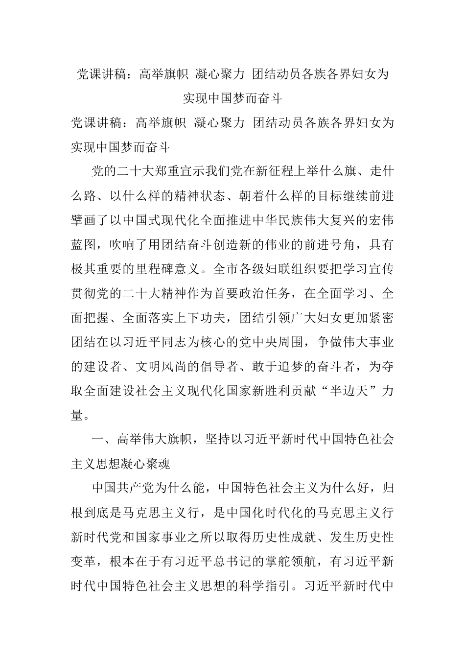 党课讲稿：高举旗帜 凝心聚力 团结动员各族各界妇女为实现中国梦而奋斗.docx_第1页