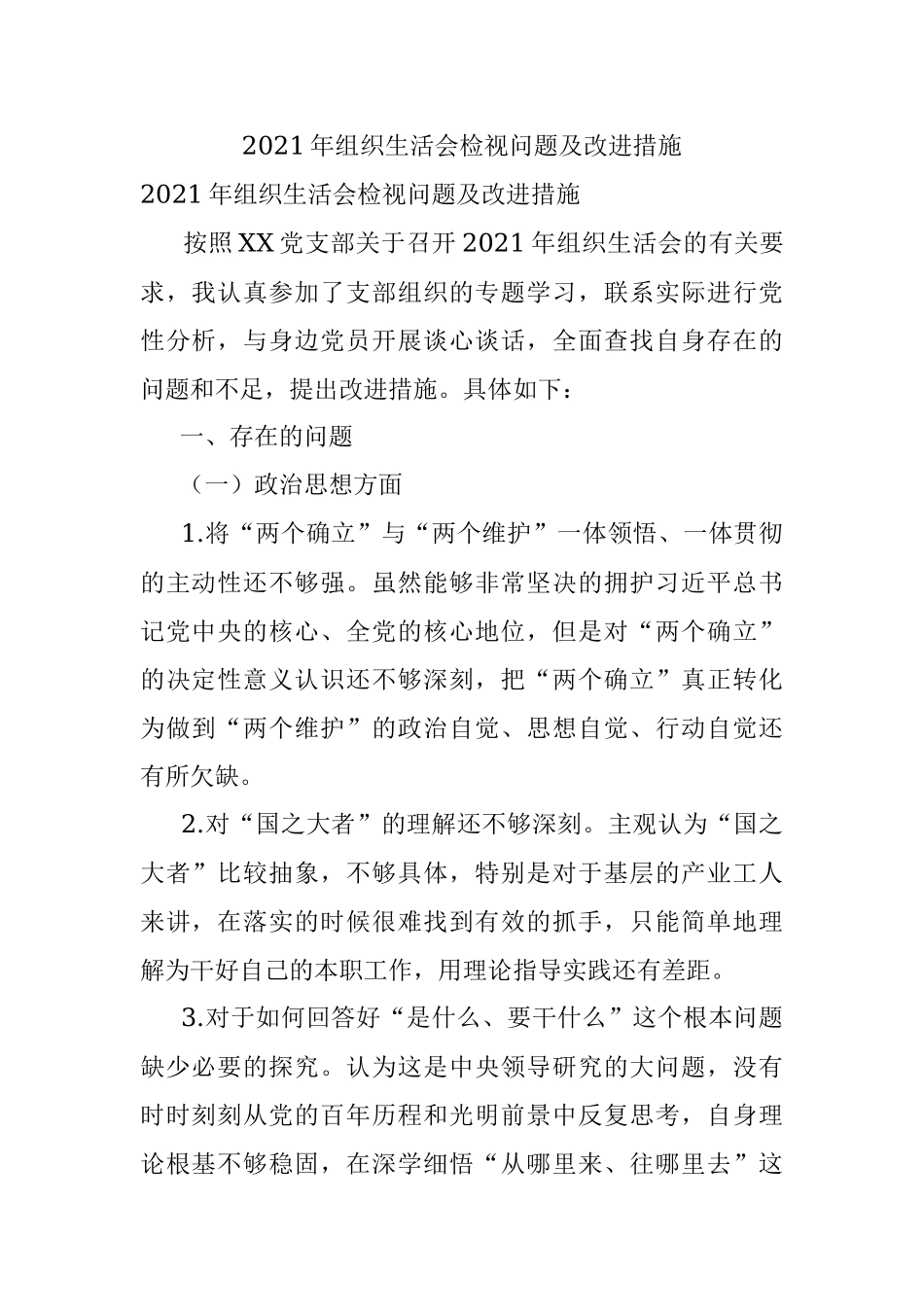 2021年组织生活会检视问题及改进措施.docx_第1页