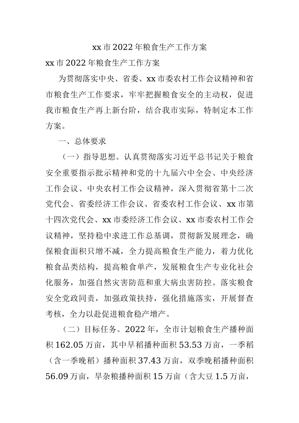 xx市2022年粮食生产工作方案.docx_第1页