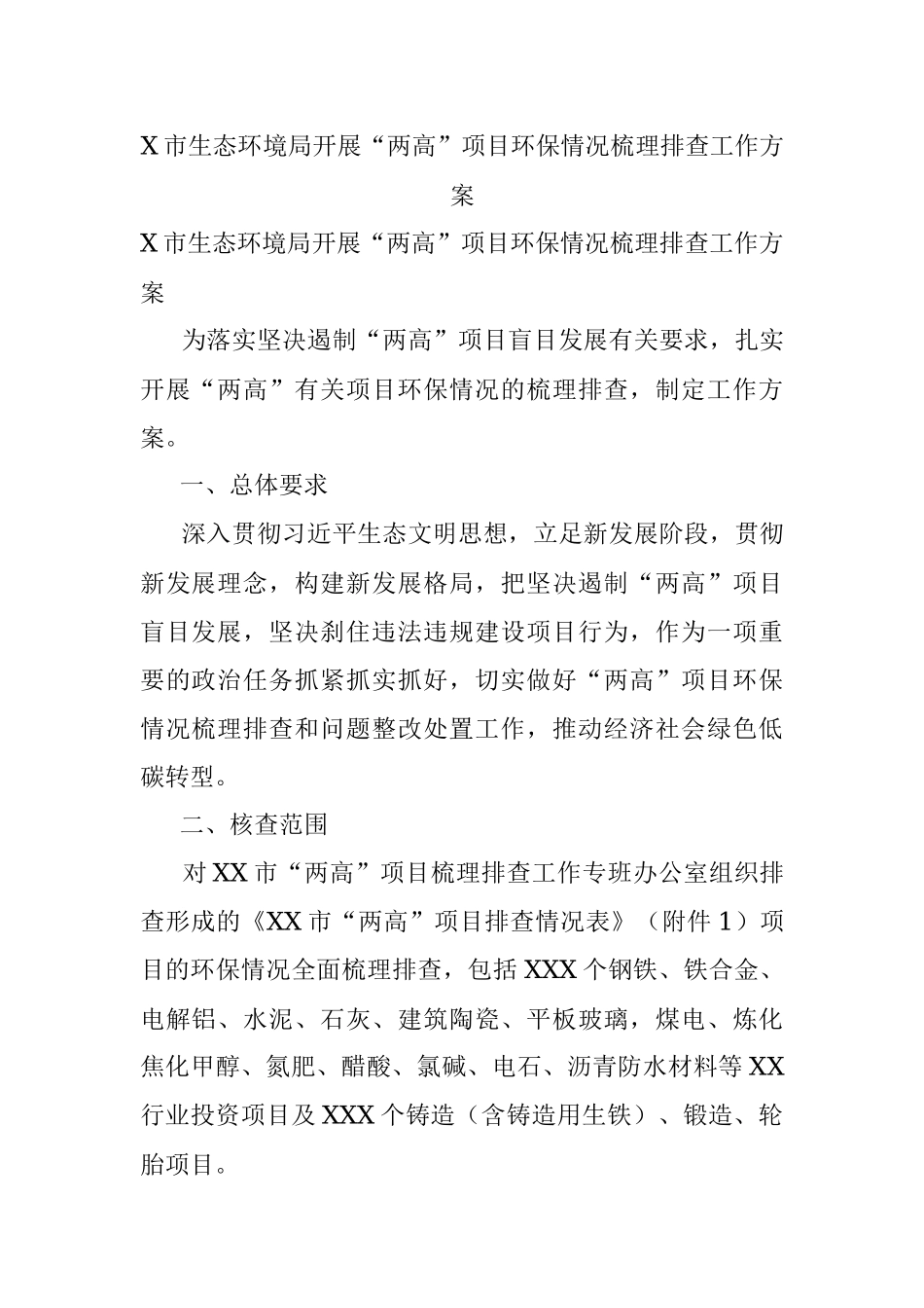 X市生态环境局开展“两高”项目环保情况梳理排查工作方案.docx_第1页