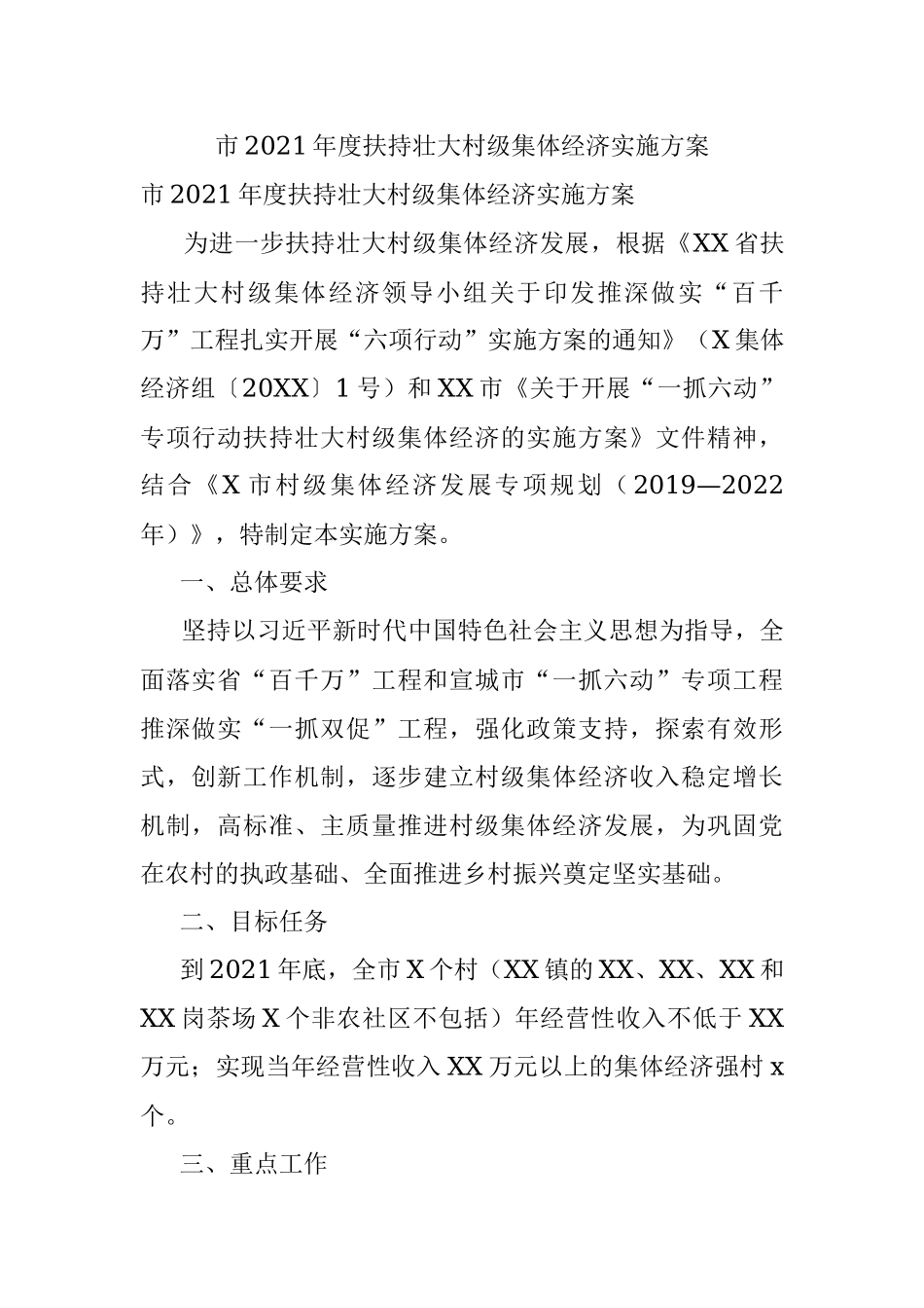 市2021年度扶持壮大村级集体经济实施方案.docx_第1页