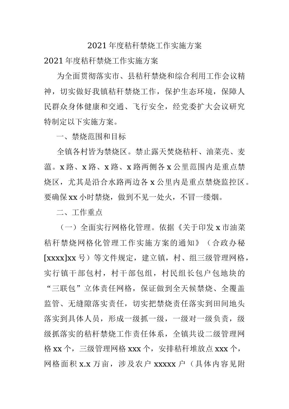 2021年度秸秆禁烧工作实施方案.docx_第1页