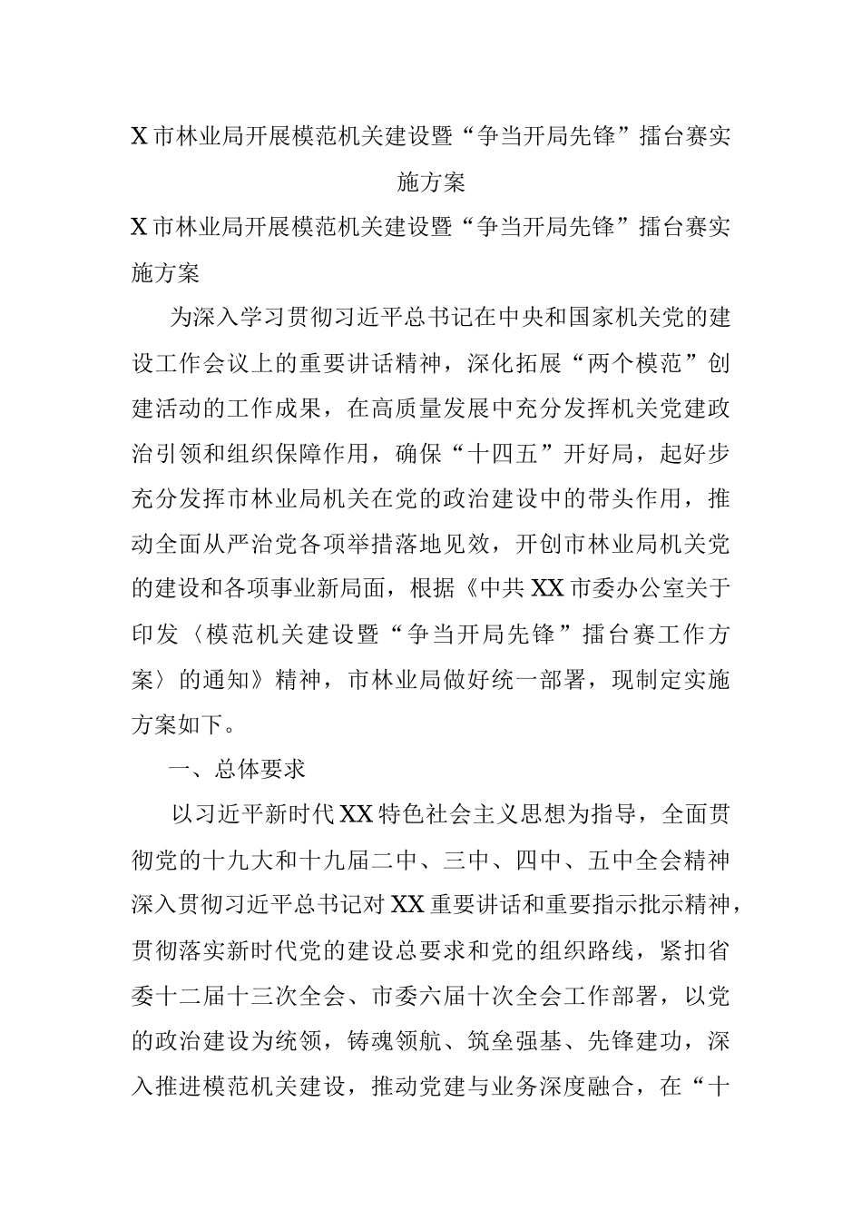 X市林业局开展模范机关建设暨“争当开局先锋”擂台赛实施方案.docx_第1页