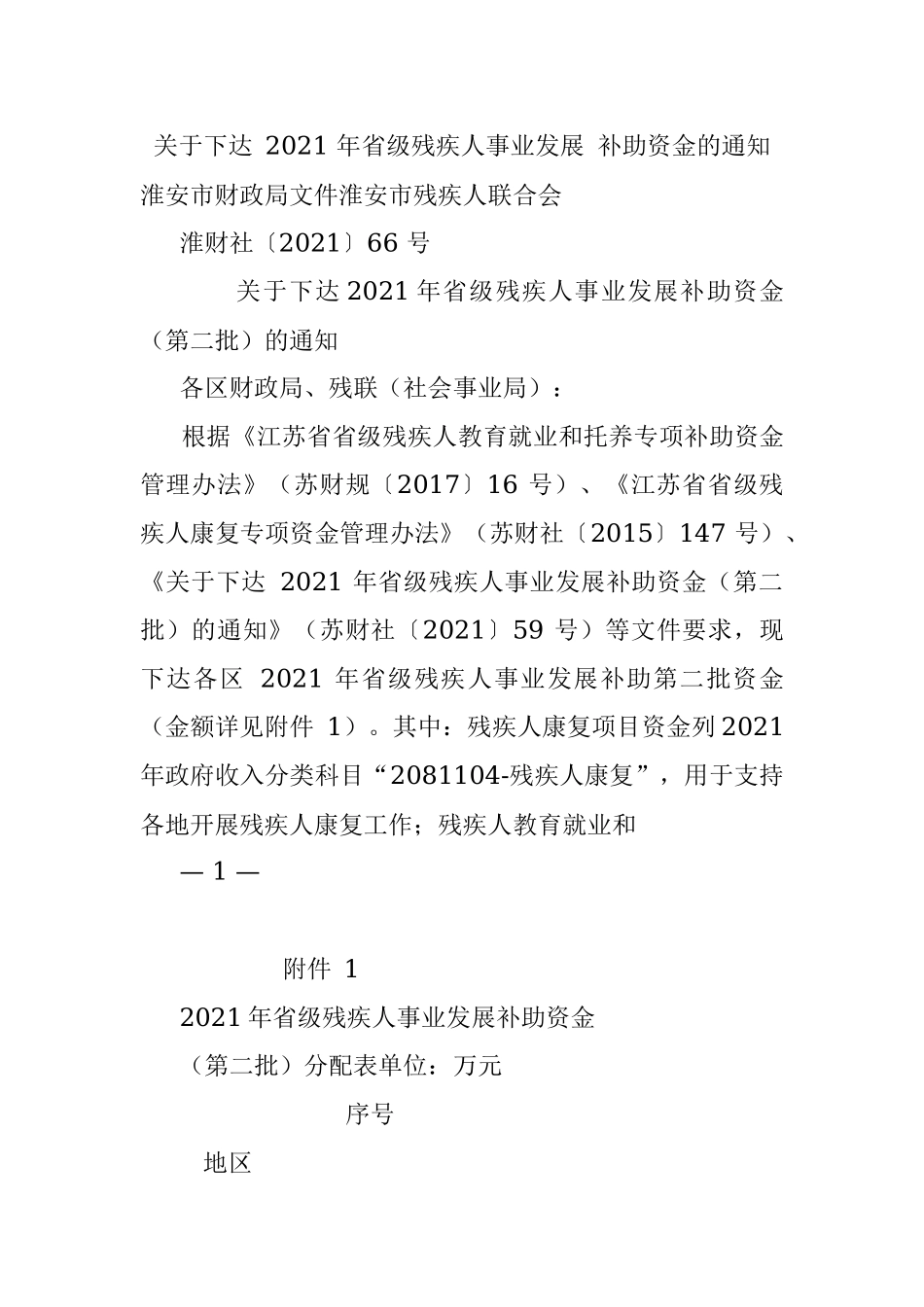 关于下达 2021 年省级残疾人事业发展 补助资金的通知.docx_第1页