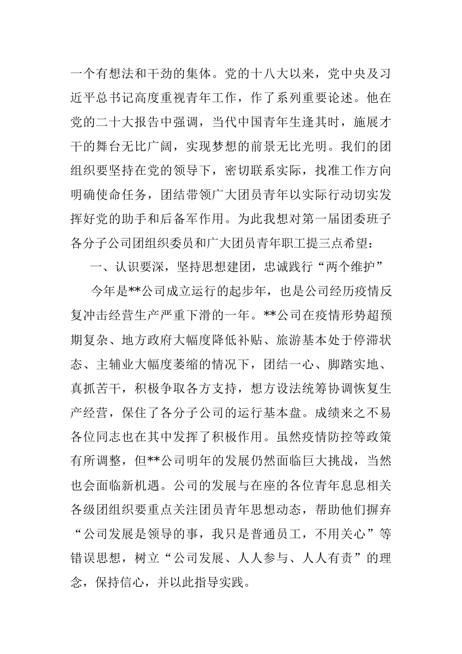 公司共青团第一次代表大会领导讲话稿.docx_第2页