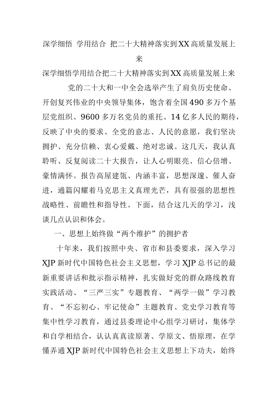 深学细悟 学用结合 把二十大精神落实到XX高质量发展上来.docx_第1页