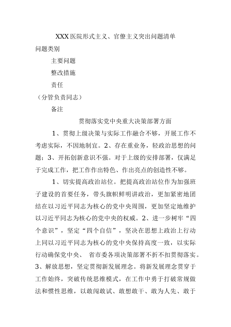 XXX医院形式主义、官僚主义突出问题清单.docx_第1页