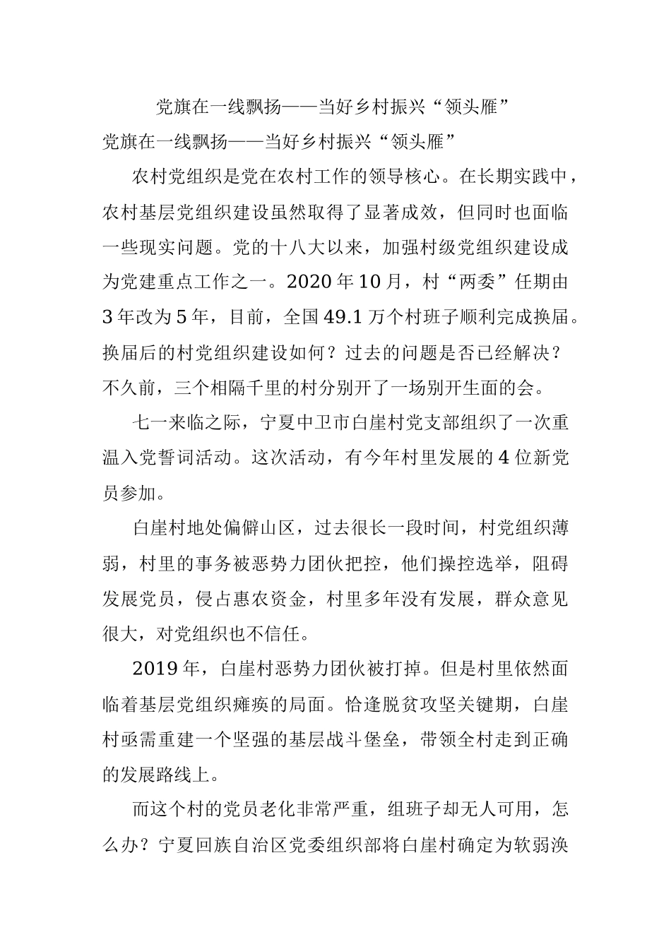 党旗在一线飘扬——当好乡村振兴“领头雁”.docx_第1页