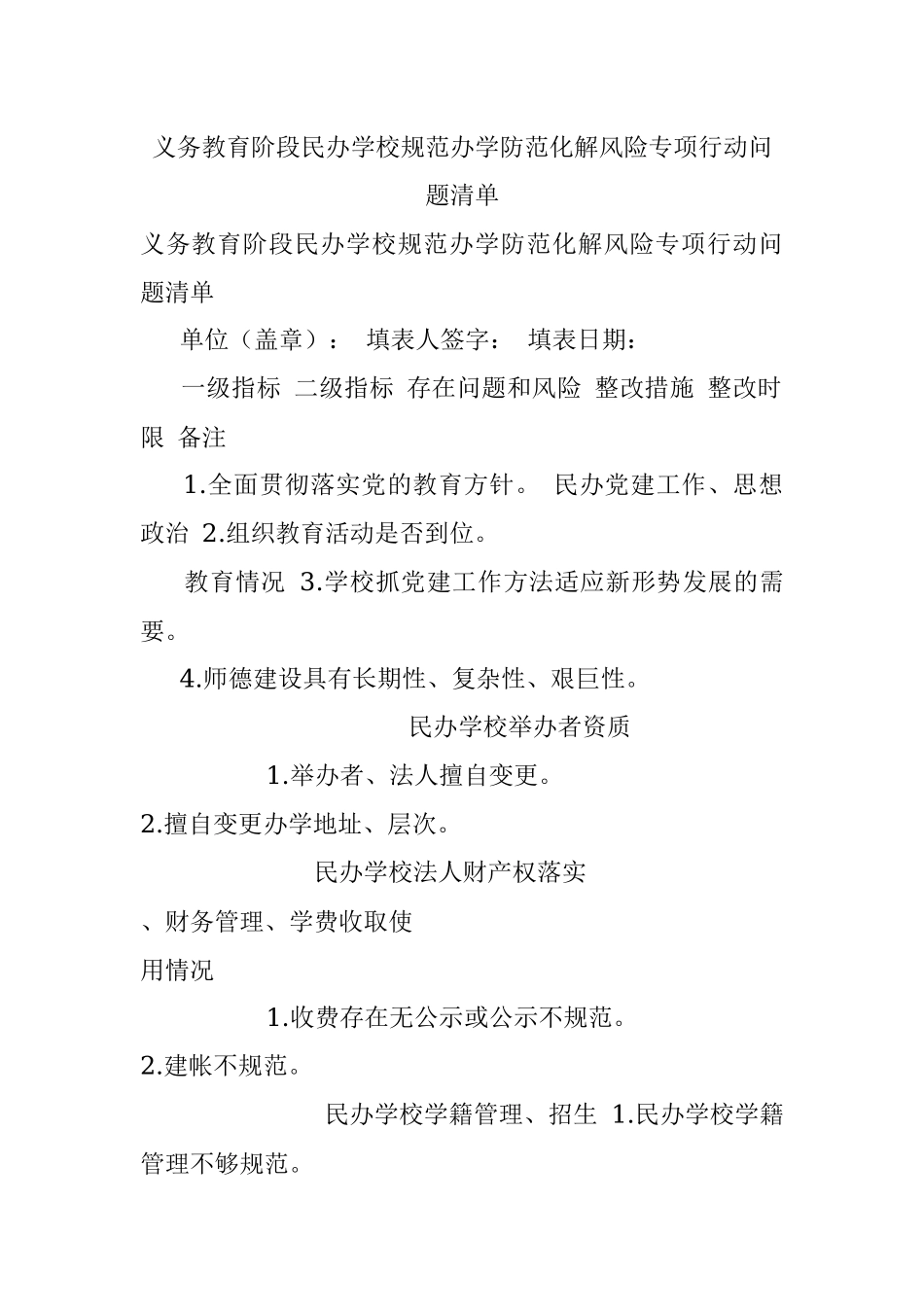 义务教育阶段民办学校规范办学防范化解风险专项行动问题清单.docx_第1页