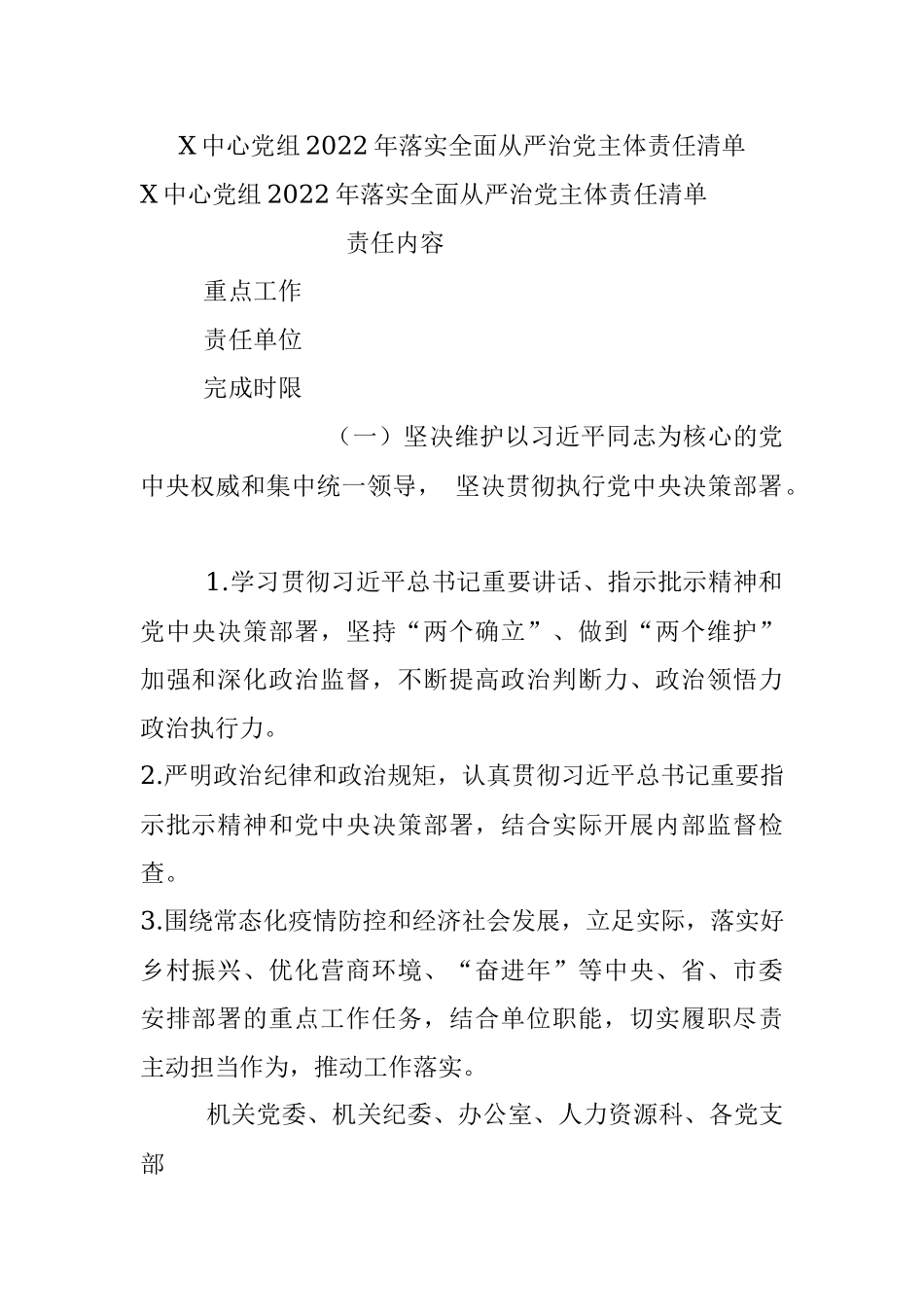 X中心党组2022年落实全面从严治党主体责任清单.docx_第1页