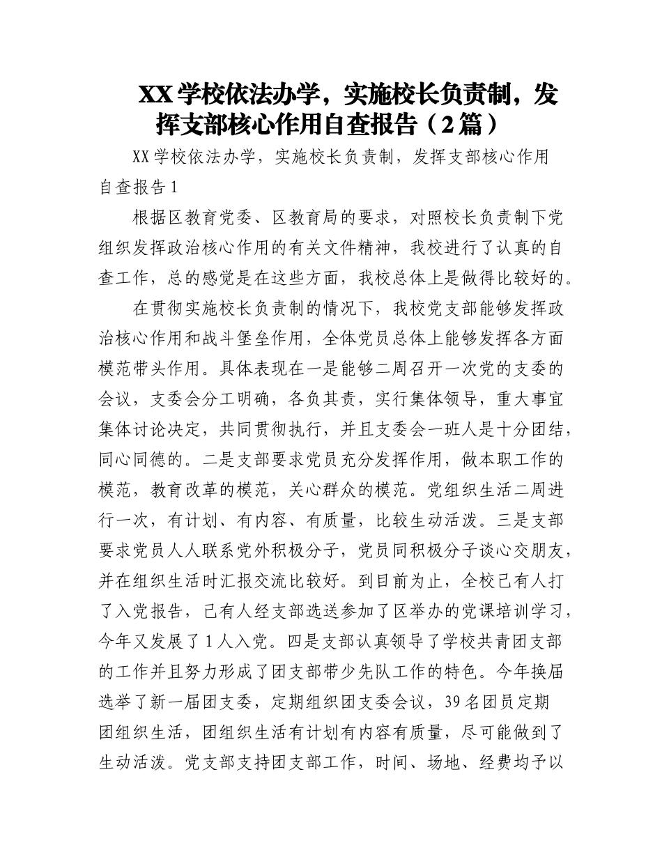 2023年(2篇)XX学校依法办学实施校长负责制发挥支部核心作用自查报告.docx_第1页