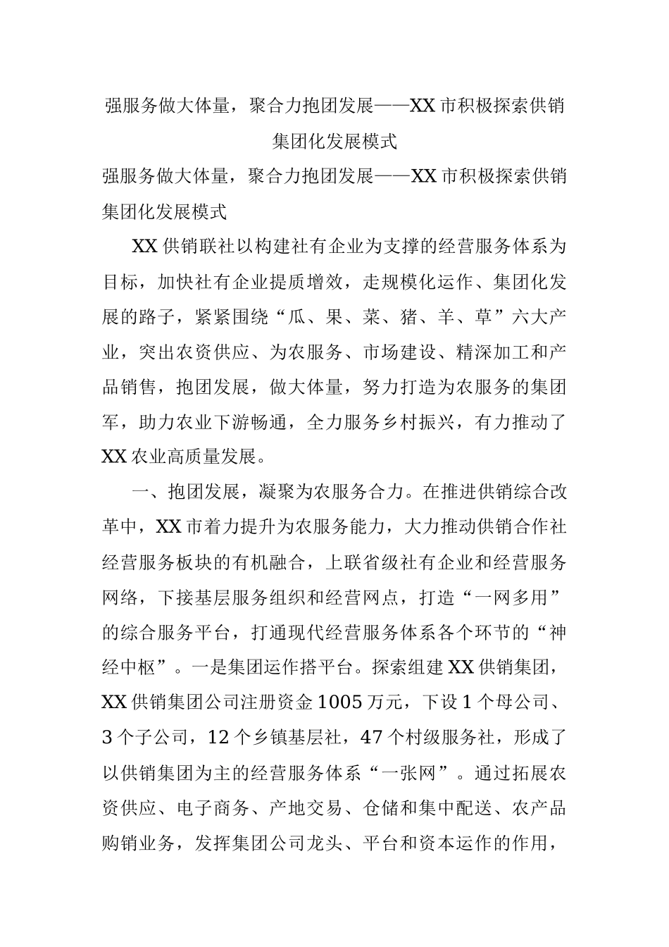 强服务做大体量聚合力抱团发展——XX市积极探索供销集团化发展模式.docx_第1页