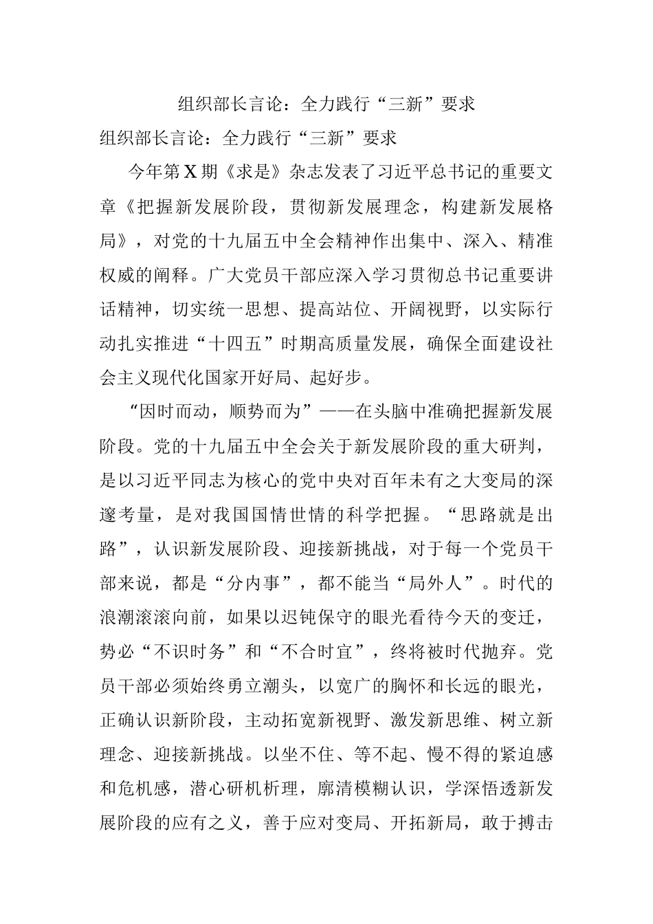 组织部长言论：全力践行“三新”要求.docx_第1页