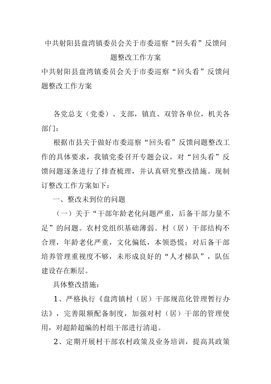 中共射阳县盘湾镇委员会关于市委巡察“回头看”反馈问题整改工作方案.docx_第1页