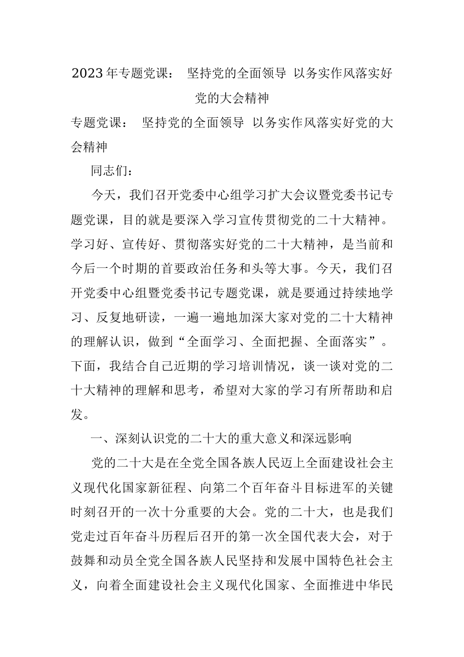 2023年专题党课： 坚持党的全面领导 以务实作风落实好党的大会精神.docx_第1页