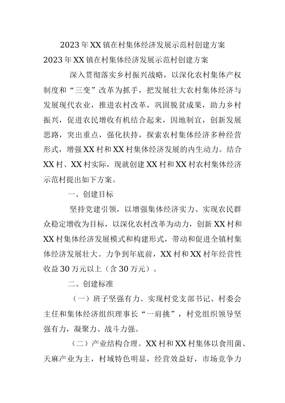 2023年XX镇在村集体经济发展示范村创建方案.docx_第1页