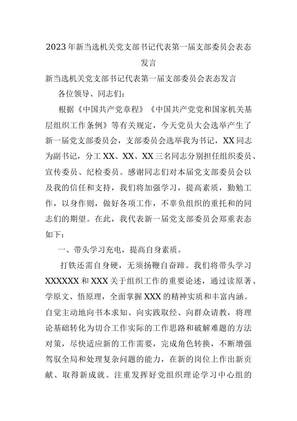 2023年新当选机关党支部书记代表第一届支部委员会表态发言.docx_第1页