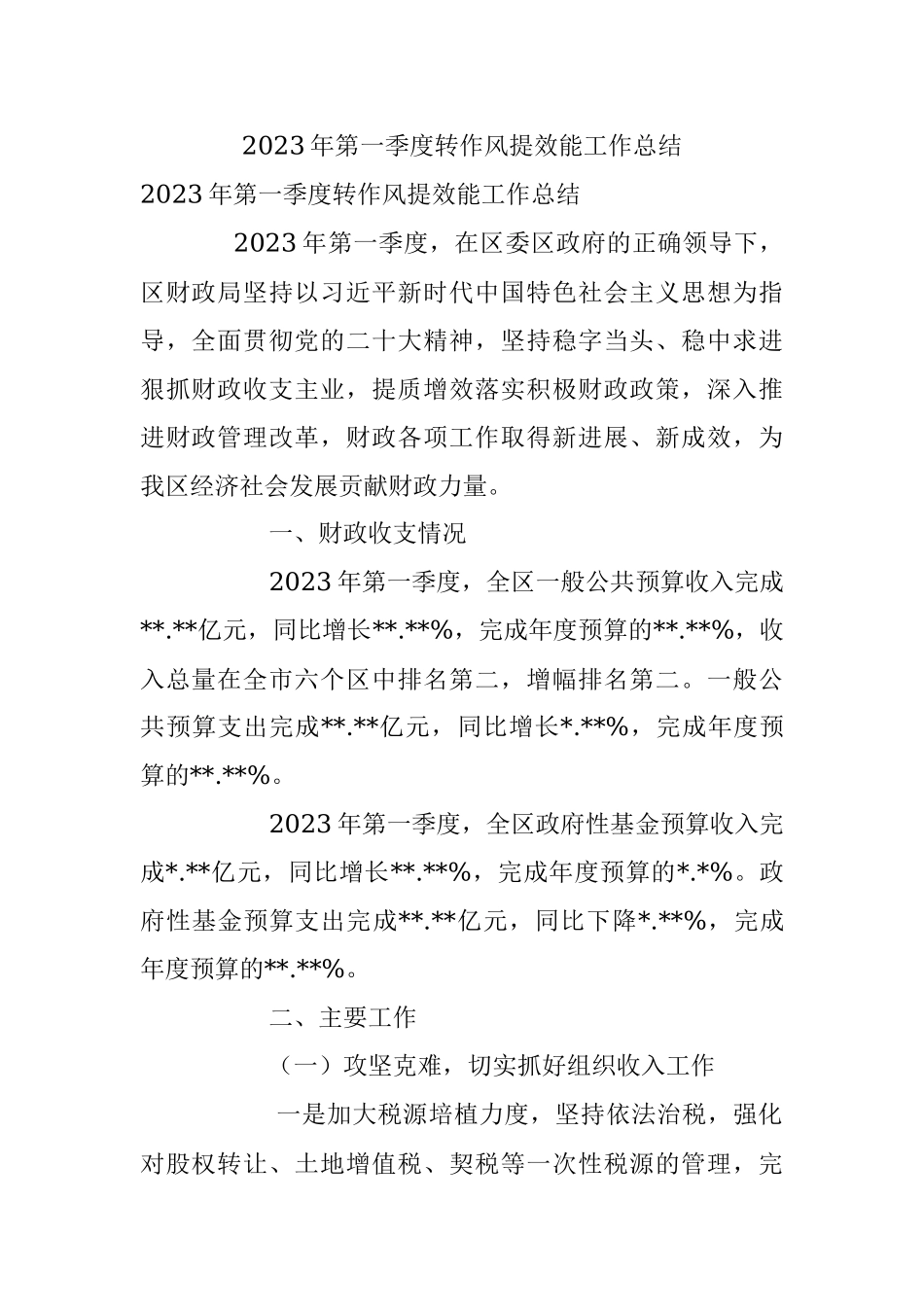 2023年第一季度转作风提效能工作总结.docx_第1页