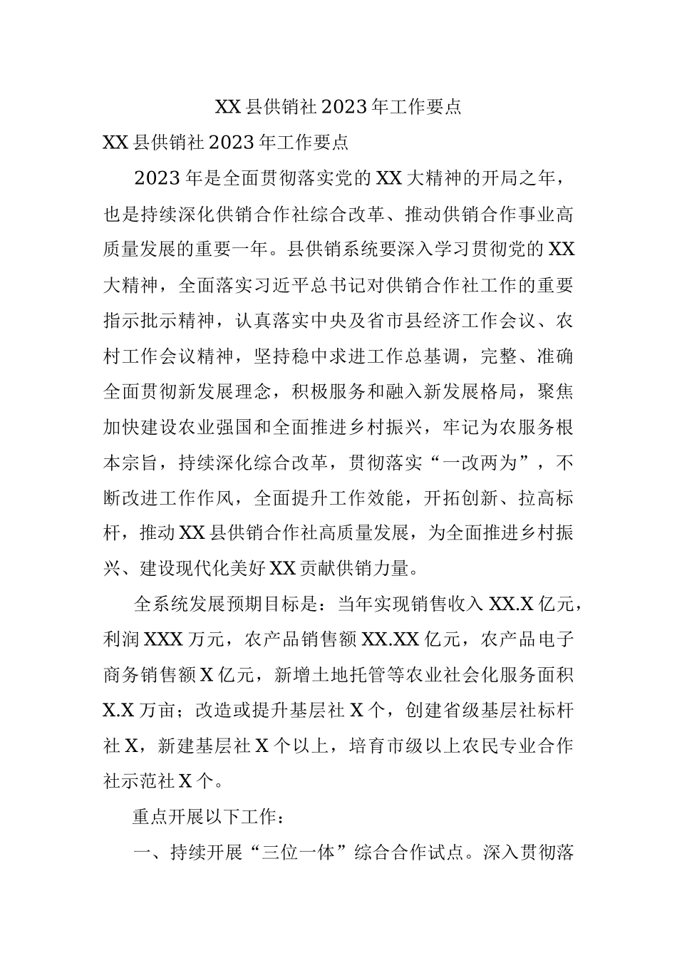 XX县供销社2023年工作要点.docx_第1页