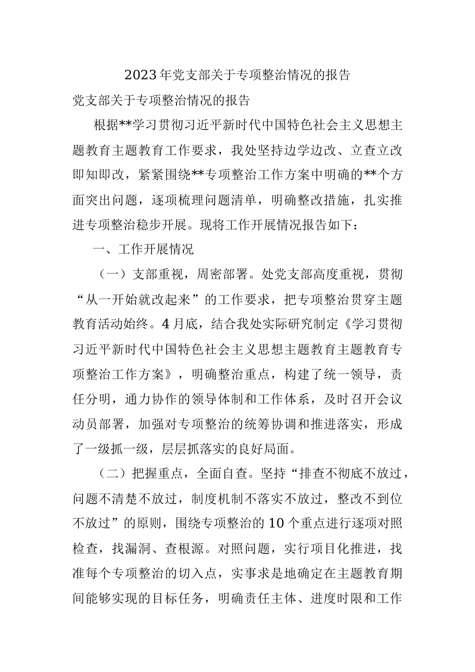 2023年党支部关于专项整治情况的报告.docx_第1页