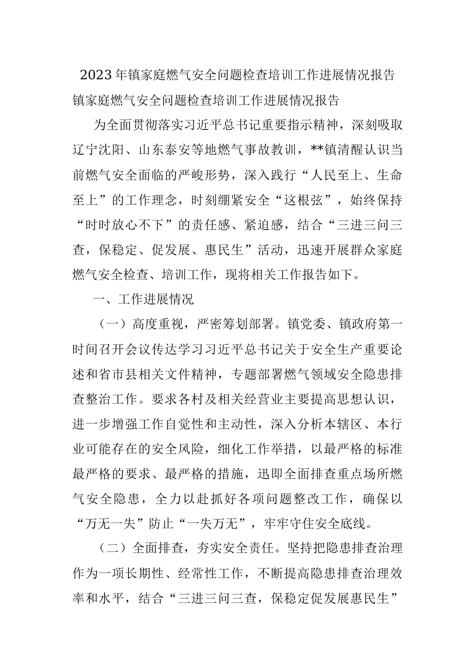 2023年镇家庭燃气安全问题检查培训工作进展情况报告.docx_第1页
