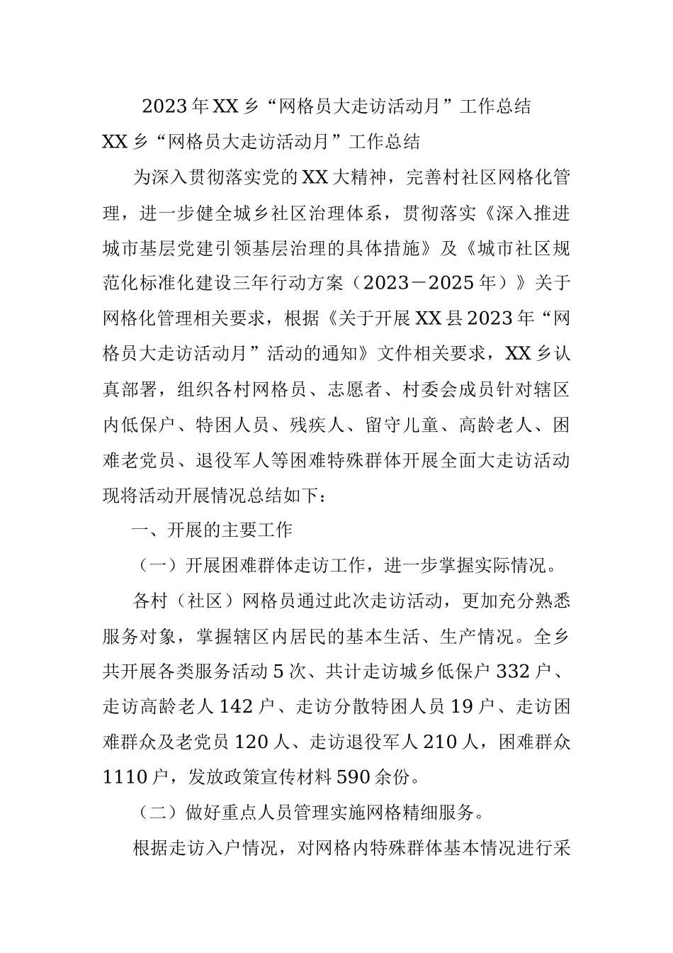 2023年XX乡“网格员大走访活动月”工作总结.docx_第1页