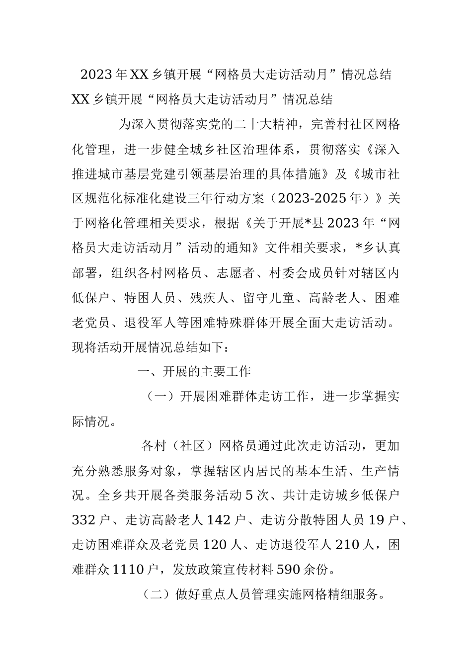 2023年XX乡镇开展“网格员大走访活动月”情况总结.docx_第1页